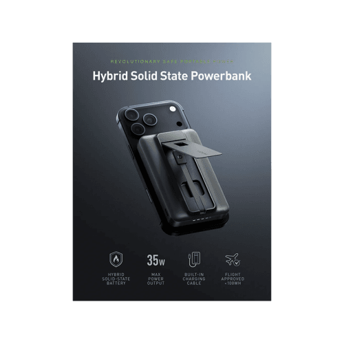 Energea MagPac Pro 35s With MagSafe Compatible Semi Solid State Power Bank With Built-in Cable and Stand 10000mAh - Gunmetal / Black