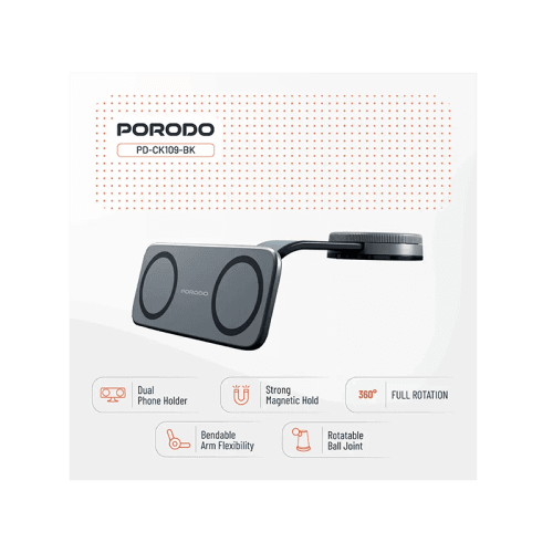 Porodo 360° Rotatable Vacuum & Adhesive Magnetic Car Dual Phone  Holder - Black