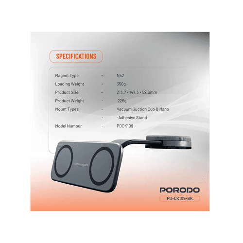 Porodo 360° Rotatable Vacuum & Adhesive Magnetic Car Dual Phone  Holder - Black
