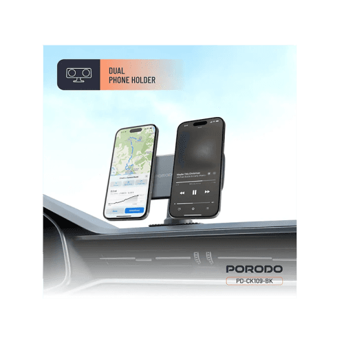 Porodo 360° Rotatable Vacuum & Adhesive Magnetic Car Dual Phone  Holder - Black
