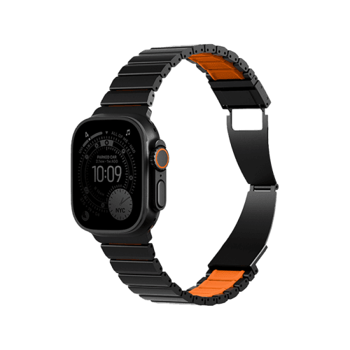 Uniq Strova Flex Self-Adjustable Steel Link Band for Apple Watch 49/46/45/44mm - Midnight Black/ Volt Orange