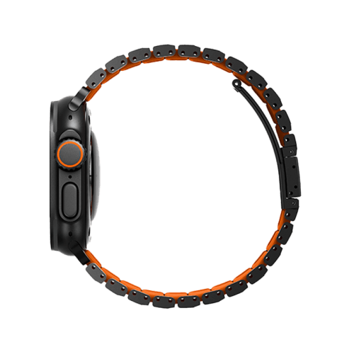 Uniq Strova Flex Self-Adjustable Steel Link Band for Apple Watch 49/46/45/44mm - Midnight Black/ Volt Orange