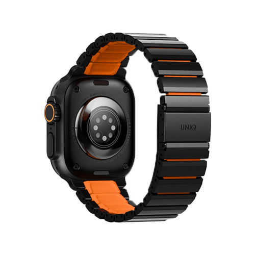 Uniq Strova Flex Self-Adjustable Steel Link Band for Apple Watch 49/46/45/44mm - Titanium Silver /Volt Orange