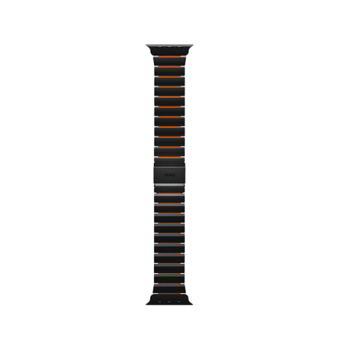 Uniq Strova Flex Self-Adjustable Steel Link Band for Apple Watch 49/46/45/44mm - Titanium Silver /Volt Orange