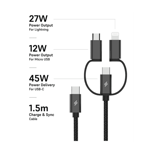 Smart Premium 3 in 1 USB-C to USB-C + Lightning + Micro USB Cable 45W 1.5m - Black