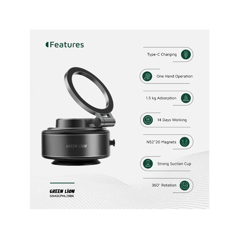 Green Lion GX-29 360° Rotation MagSafe Auto Suction Phone Holder - Matte Black