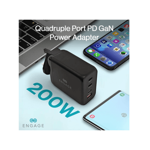 Engage 3 Port USB-C + 1 Port USB-A 200W Gan Travel Charger - Black