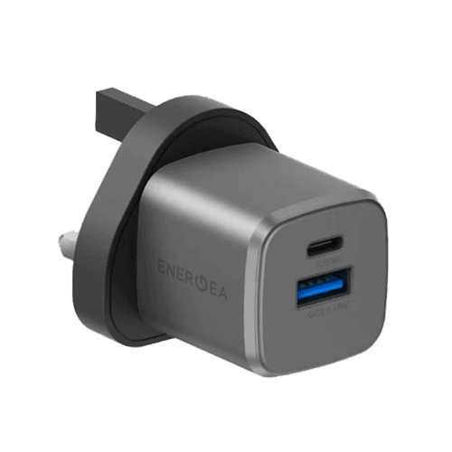 Energea Ampcharge 1-Port USB-C and 1-Port USB-A 20W GaN Wall Charger - Gunmetal