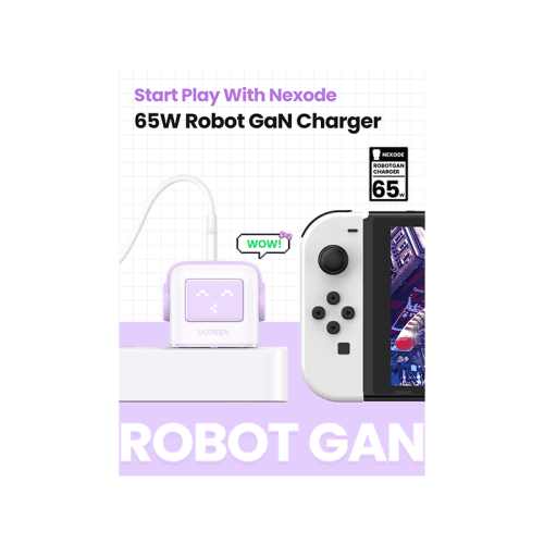 Ugreen Nexode 2-Port USB-C and 1-Port USB-A 65W GaN Wall Charger With LED Display - Purple