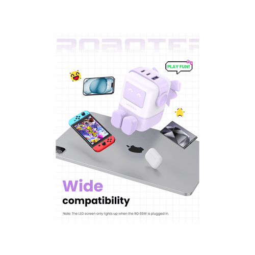 Ugreen Nexode 2-Port USB-C and 1-Port USB-A 65W GaN Wall Charger With LED Display - Purple