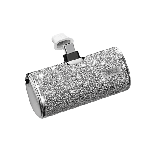 iWALK Bling Secret 4500mAh Portable Power Bank With Built-In USB-C Connector - Sparkly Diamond Silver