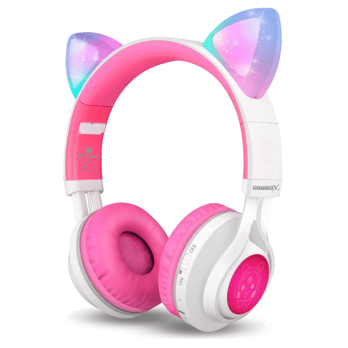 Riwbox Cat Ear Bluetooth Headphones With LED for Kids - White / Pink