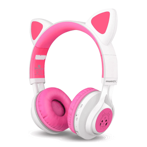 Riwbox Cat Ear Bluetooth Headphones With LED for Kids - White / Pink