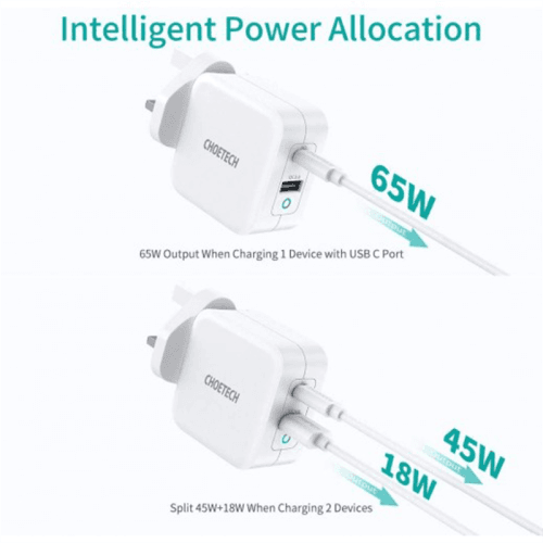 Choetech USB-C, USB-A PD 65W GaN Mini Fast Charger - White