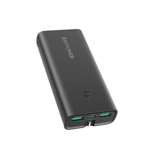 RavPower 1-Port USB-C PD 20W and 2-Port USB-A 10000mAh Power Bank with UK Plug - Black