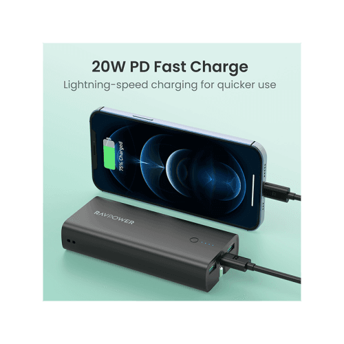RavPower 1-Port USB-C PD 20W and 2-Port USB-A 10000mAh Power Bank with UK Plug - Black