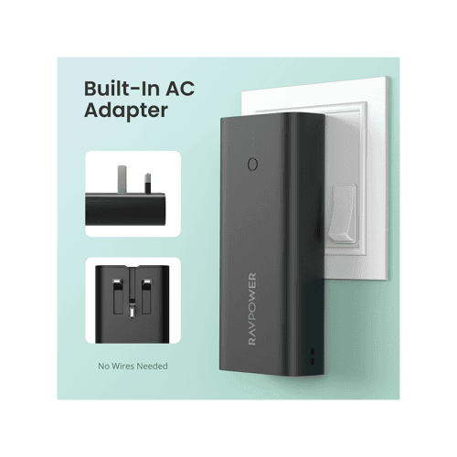 RavPower 1-Port USB-C PD 20W and 2-Port USB-A 10000mAh Power Bank with UK Plug - Black