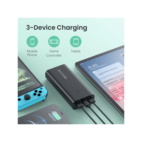 RavPower 1-Port USB-C PD 20W and 2-Port USB-A 10000mAh Power Bank with UK Plug - Black