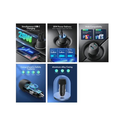 RavPower 2 - Port USB-C PD 50W Car Charger - Black