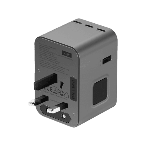 Energea Travelworld 3-Port USB-C and 2-Port USB-A 45W PD Travel Adapter - Gunmetal