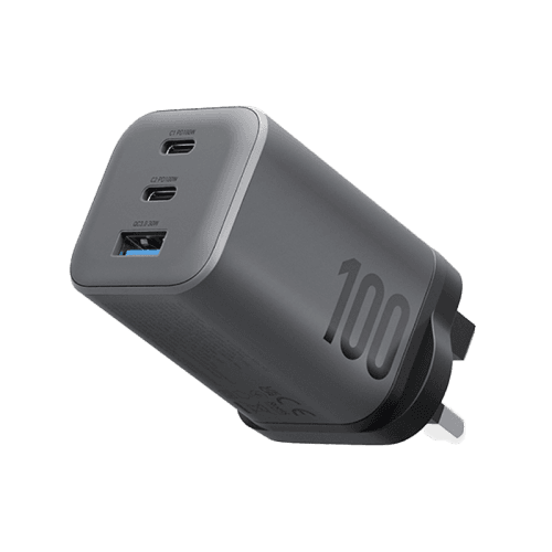 Energea Ampcharge Mini 2-Port USB-C and 1-Port USB-A 100W GaN Wall Charger - Gunmetal