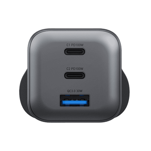 Energea Ampcharge Mini 2-Port USB-C and 1-Port USB-A 100W GaN Wall Charger - Gunmetal