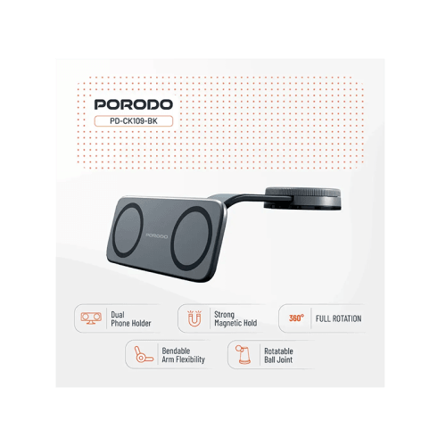 Porodo 360° Rotatable Vacuum & Adhesive Magnetic Car Dual Phone  Holder - Black