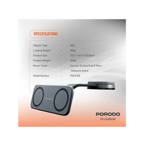 Porodo 360° Rotatable Vacuum & Adhesive Magnetic Car Dual Phone  Holder - Black