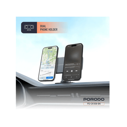 Porodo 360° Rotatable Vacuum & Adhesive Magnetic Car Dual Phone  Holder - Black