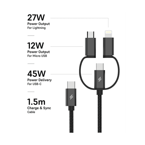 Smart Premium 3 in 1 USB-C to USB-C + Lightning + Micro USB Cable 45W 1.5m - Black