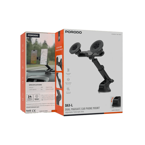Porodo Dax-L Dual MagSafe Car Phone Mount with Adjustable Telescopic Arm - Black
