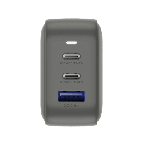 Energea TravelWorld 2-Port USB-C PD and 1-Port USB-A GaN 66W Travel Adapter - Gunmetal