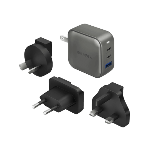 Energea TravelWorld 2-Port USB-C PD and 1-Port USB-A GaN 66W Travel Adapter - Gunmetal