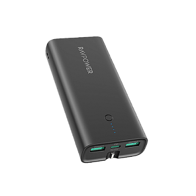RavPower 1-Port USB-C PD 20W and 2-Port USB-A 10000mAh Power Bank with UK Plug - Black