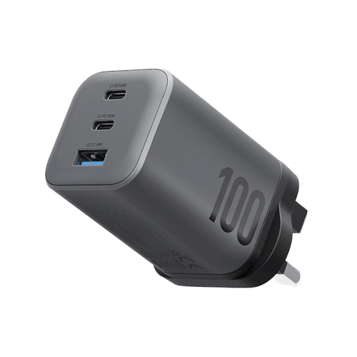 Energea Ampcharge Mini 2-Port USB-C and 1-Port USB-A 100W GaN Wall Charger - Gunmetal