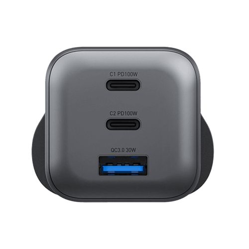 Energea Ampcharge Mini 2-Port USB-C and 1-Port USB-A 100W GaN Wall Charger - Gunmetal