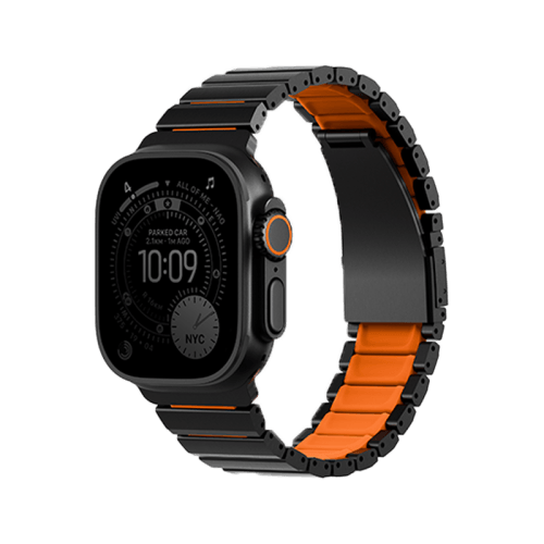 Uniq Strova Flex Self-Adjustable Steel Link Band for Apple Watch 49/46/45/44mm - Midnight Black/ Volt Orange