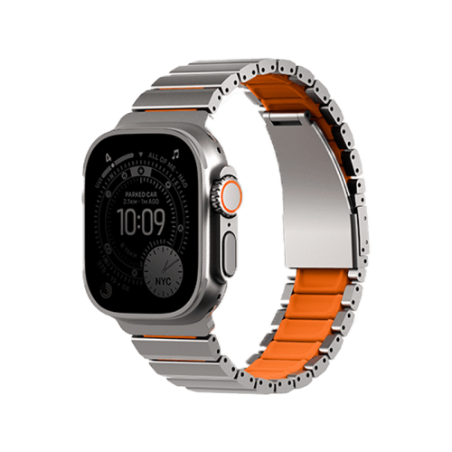 Uniq Strova Flex Self-Adjustable Steel Link Band for Apple Watch 49/46/45/44mm - Titanium Silver /Volt Orange