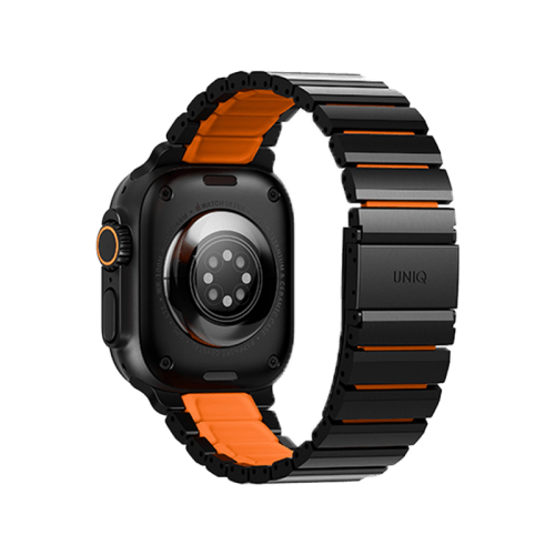 Uniq Strova Flex Self-Adjustable Steel Link Band for Apple Watch 49/46/45/44mm - Titanium Silver /Volt Orange