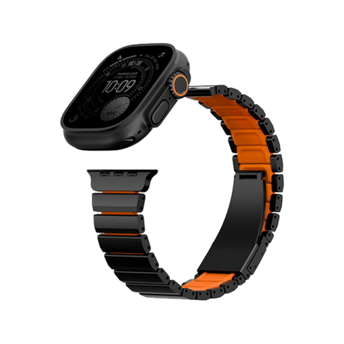 Uniq Strova Flex Self-Adjustable Steel Link Band for Apple Watch 49/46/45/44mm - Titanium Silver /Volt Orange