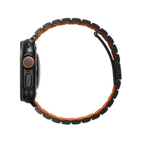Uniq Strova Flex Self-Adjustable Steel Link Band for Apple Watch 49/46/45/44mm - Titanium Silver /Volt Orange