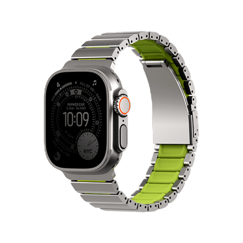 Uniq Strova Flex Self-Adjustable Steel Link Band for Apple Watch 49/46/45/44mm - Titanium Silver / Lime Green