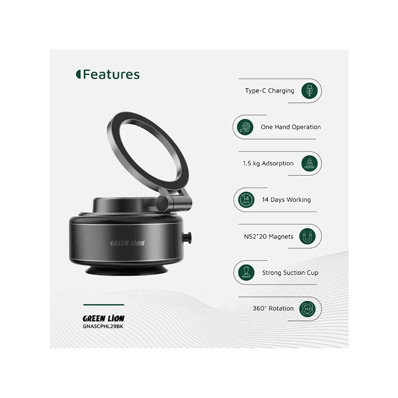 Green Lion GX-29 360° Rotation MagSafe Auto Suction Phone Holder - Matte Black
