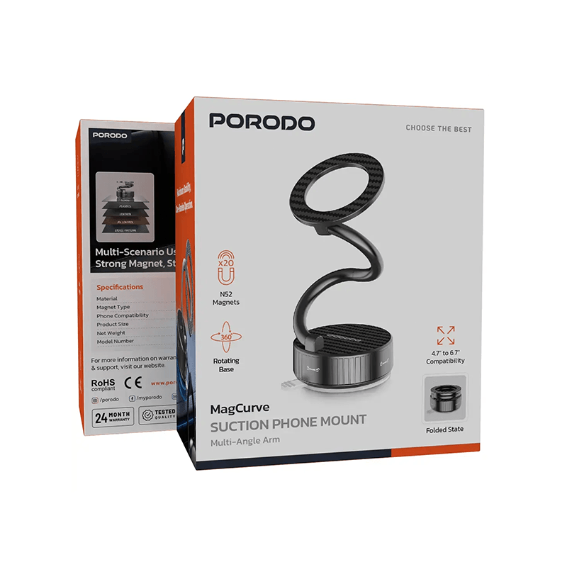 Porodo MagCurve S Shaped MagSafe Suction Phone Holder - Black