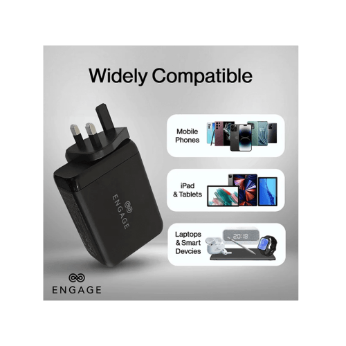 Engage 3 Port USB-C + 1 Port USB-A 200W Gan Travel Charger - Black