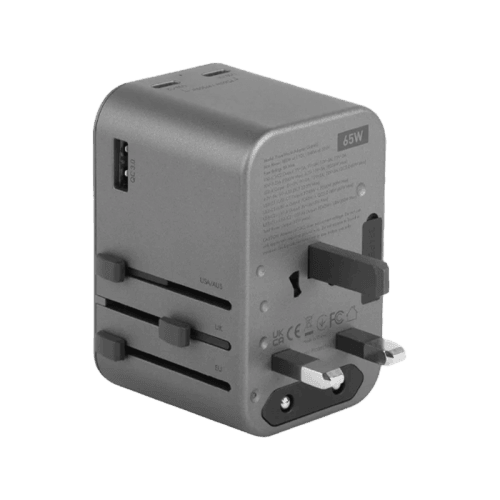 Energea Travelworld 2-Port USB-C and 1-Port USB-A GaN 65W Travel Adapter - Gunmetal
