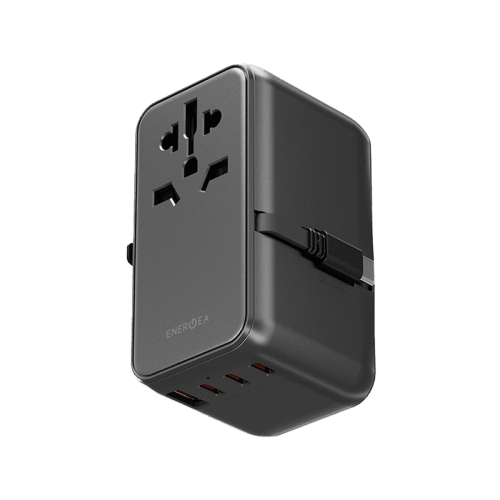 Energea TravelWorld 3-Port USB-C and 1-Port USB-A With 80CM USB-C Cable GaN 85W Travel Adapter - Gunmetal Black