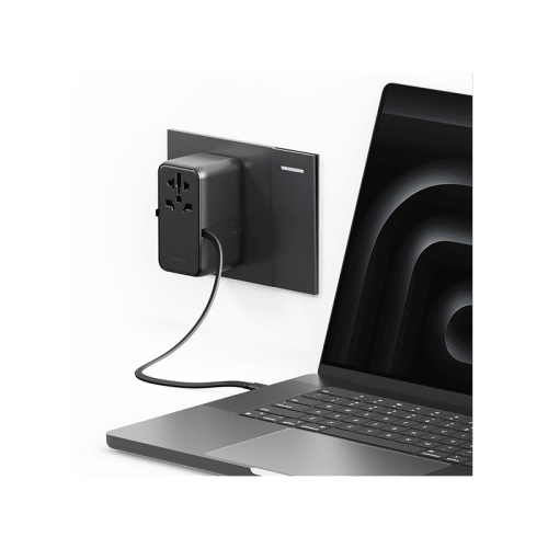 Energea TravelWorld 3-Port USB-C and 1-Port USB-A With 80CM USB-C Cable GaN 85W Travel Adapter - Gunmetal Black