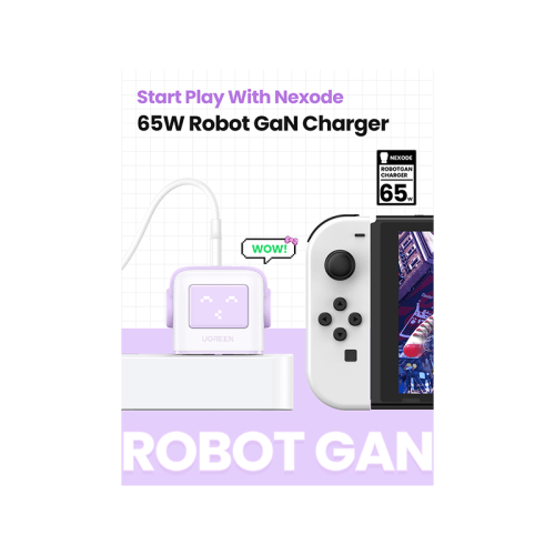 Ugreen Nexode 2-Port USB-C and 1-Port USB-A 65W GaN Wall Charger With LED Display - Purple