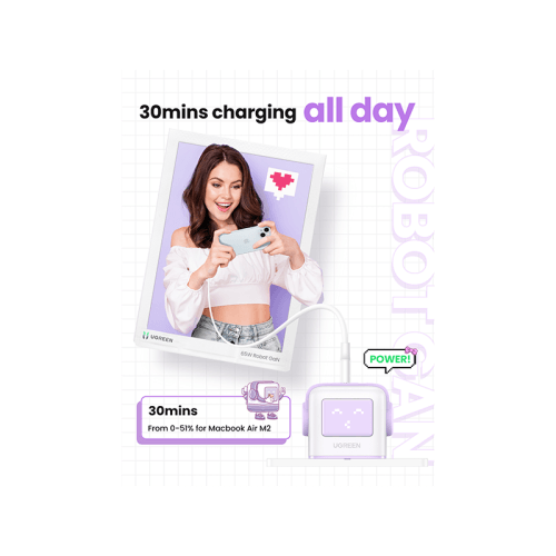 Ugreen Nexode 2-Port USB-C and 1-Port USB-A 65W GaN Wall Charger With LED Display - Purple
